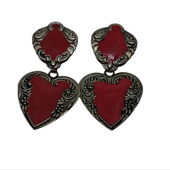 Vintage Art Nouvea Red Enamel & Silver Tone Heart Dangle Earrings - Picture 3 of 5